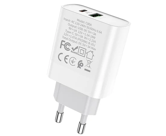СЗУ HOCO C80A Plus Rapido PD20W+QC3.0 (1Type-C/1USB) White