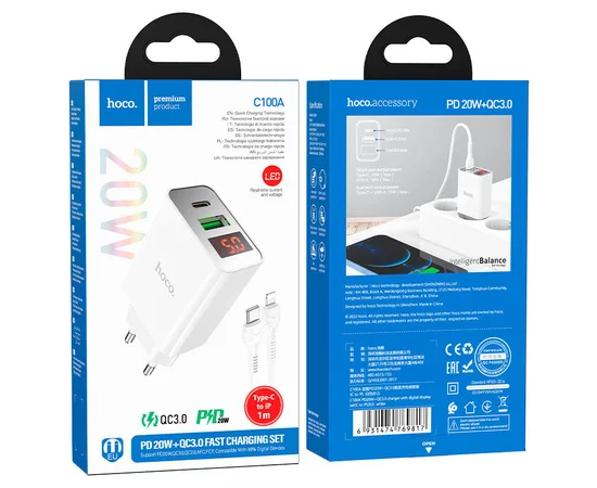 СЗУ HOCO C100A PD20W+QC3.0 + Type-C to Lightning White