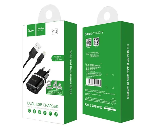 СЗУ Hoco C12 Charger + Cable Lightning 2.4A 2USB Черный