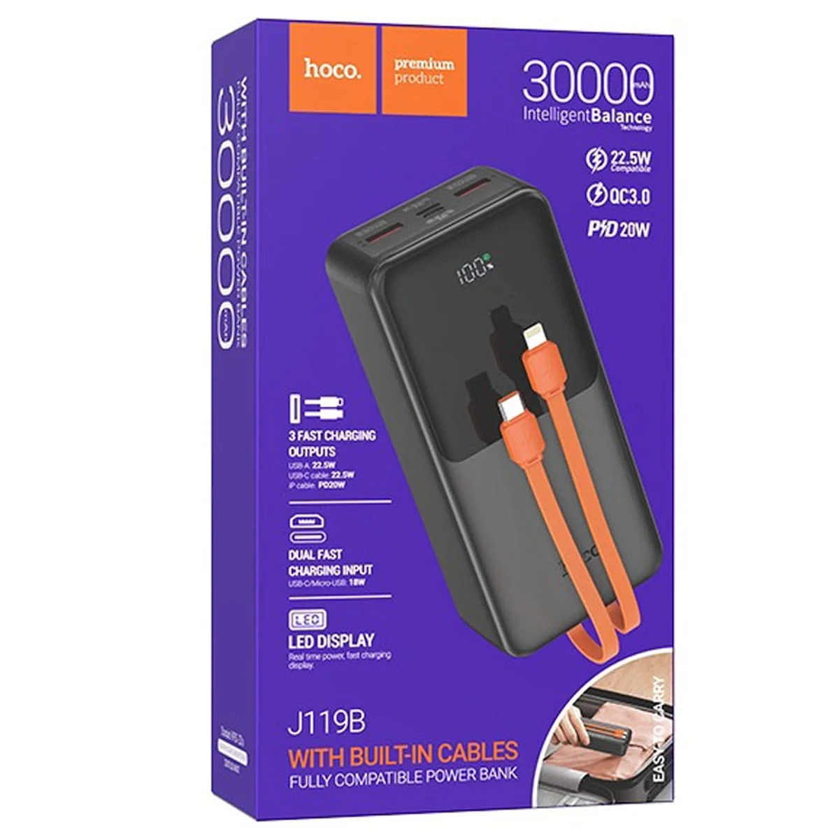 Портативний зарядний пристрій Power Bank Hoco J119B Sharp charge 22.5W+PD20W 30 000 mAh Black