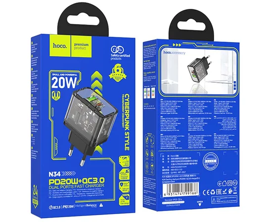 СЗУ Hoco N34 Dazzling PD20W+QC3.0 Transparent black