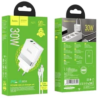 СЗУ Hoco N21 Topspeed PD30W+QC3.0 (1USB/1Type-C/3A) + Type-C + Type-C White