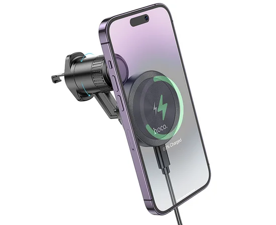 Автодержатель с БЗУ Hoco HW6 Vision metal magnetic (air outlet) Black / Metal gray