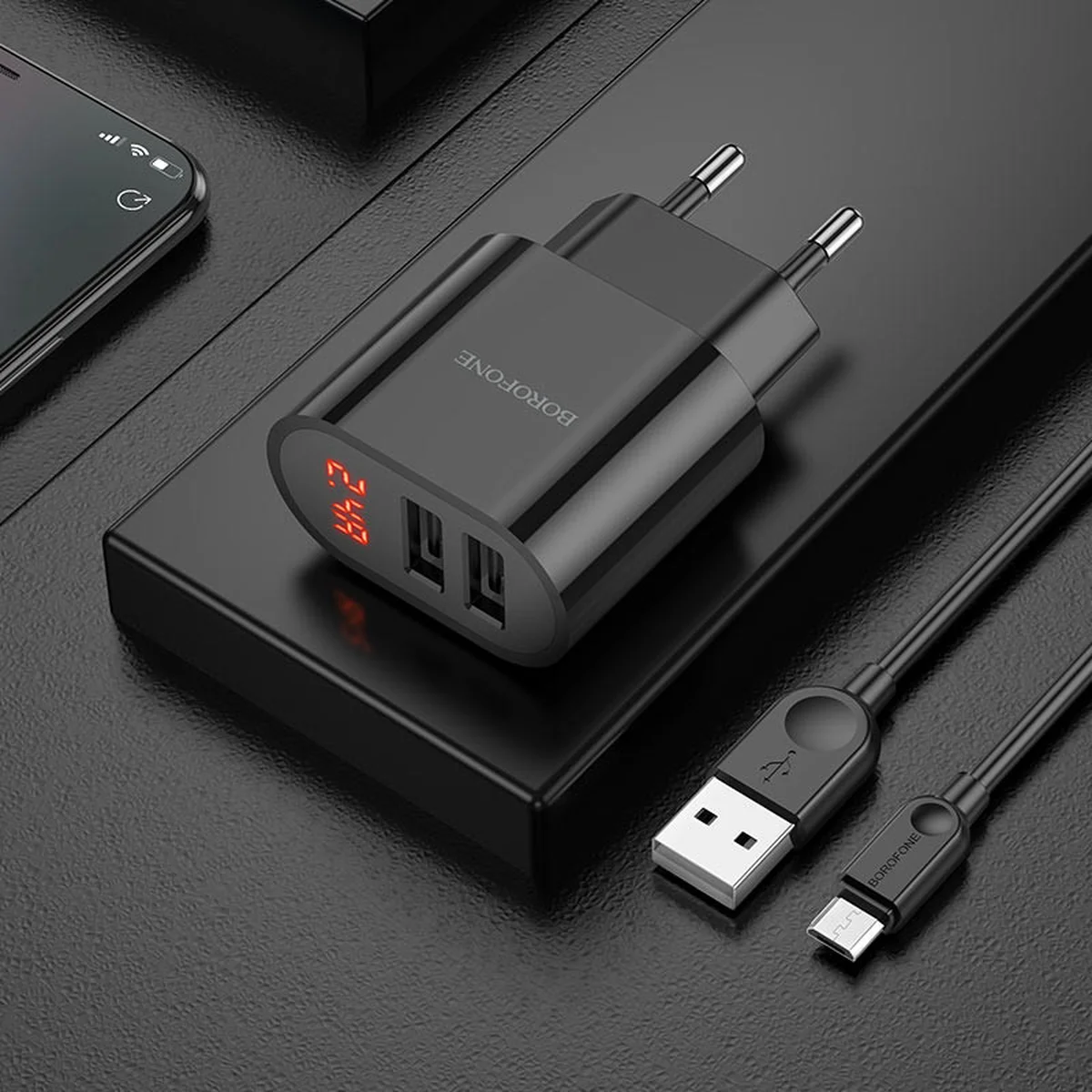 СЗУ Borofone BA63A Richy + MicroUSB Черный