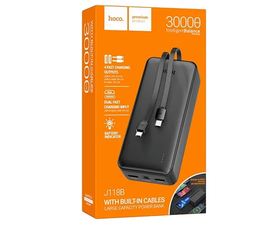 Портативное зарядное устройство Power Bank Hoco J118B Speed energy with cable 30 000 mAh Black