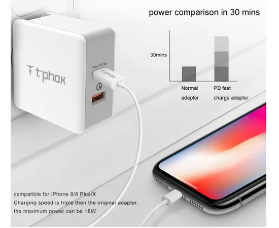 СЗУ PD адаптер T-phox (48W: PD 30W + USB QuickCharge QC 3.0 18W) Белый