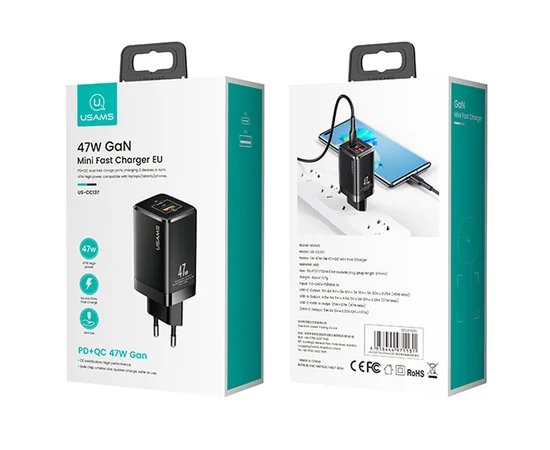 СЗУ Usams US-CC137 T41 47W GaN PD + QC Mini Черный