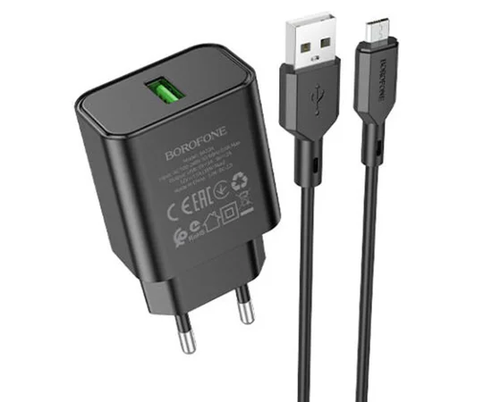 СЗУ Borofone BA72A Spring QC3.0 USB to MicroUSB Black
