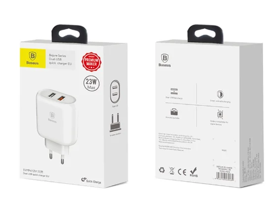 СЗУ Baseus Bojure Series EU (2USB 1xQuickCharge QC3.0 23W) Белый