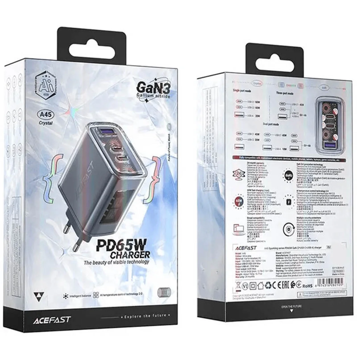 СЗУ Acefast A45 Exploration series PD65W GaN (2*USB-C+USB-A) Mica gray