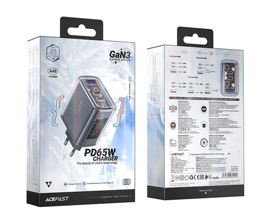 СЗУ Acefast A45 Exploration series PD65W GaN (2*USB-C+USB-A) Mica gray