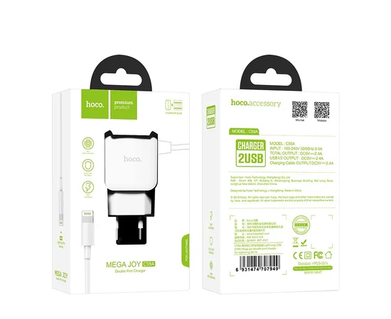СЗУ Hoco C59A (2USB/2.4A) +lightning Белый