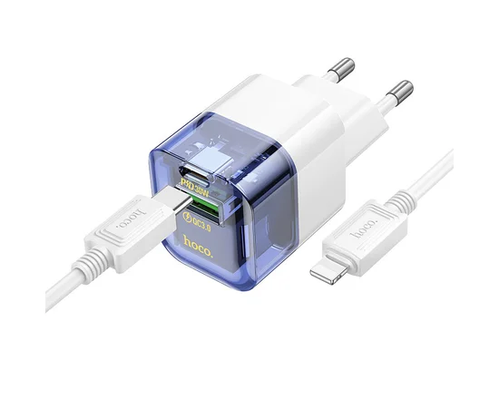 СЗУ Hoco C131A Platium PD30W+QC3.0 + Type-C to Lightning Transparent blue