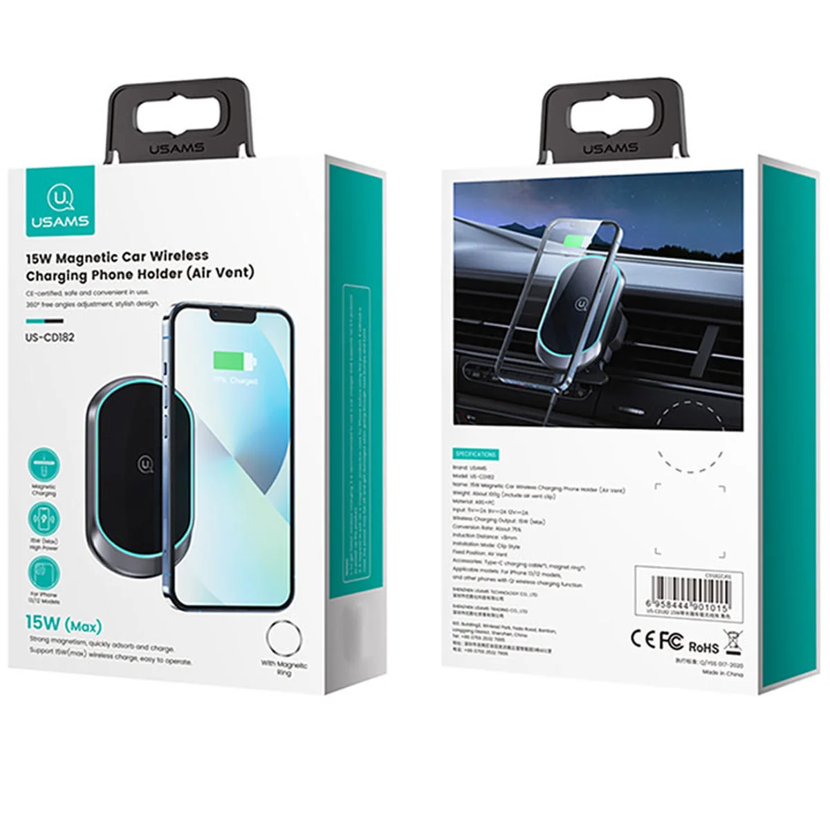 Автоутримувач із БЗУ Usams US-CD182 15W Air Vent Black