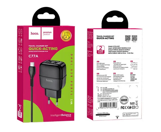 СЗУ Hoco C77A (2USB/2.4A) + MicroUSB Черный