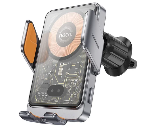 Автодержатель с БЗУ Hoco HW7 Transparent Discovery Edition (air outlet) Metal gray