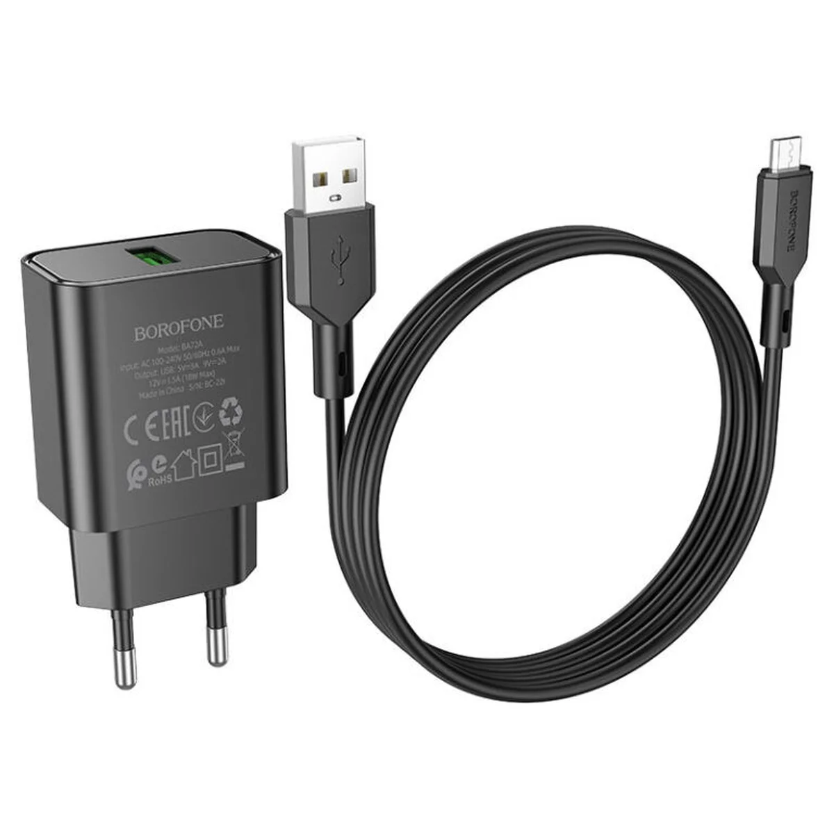 СЗУ Borofone BA72A Spring QC3.0 USB to MicroUSB Black