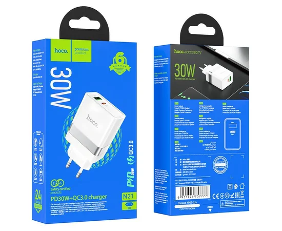 СЗУ Hoco N21 Topspeed PD30W+QC3.0 (1USB/1Type-C/3A) Белый