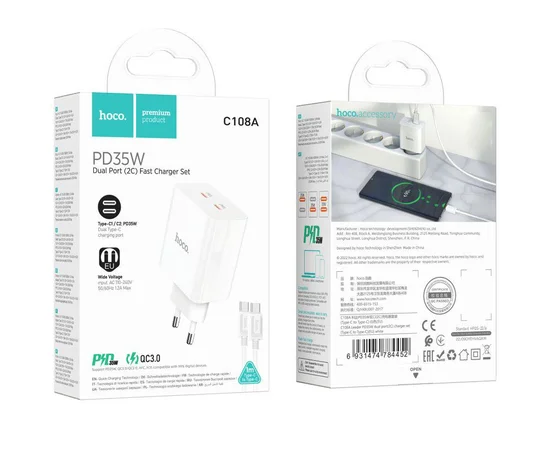 СЗУ Hoco C108A PD 35W (2 Type-C) + Type-C to Type-C White