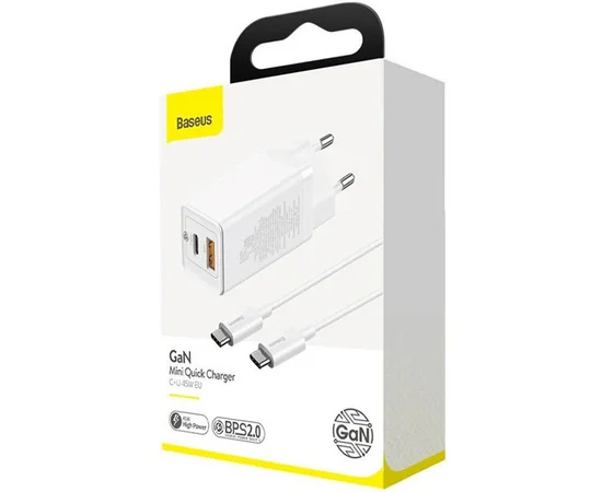 СЗУ Baseus GaN2 (2 Type-C/ 45W) + кабель Type-C to Type-C 65W Белый