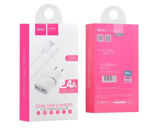 СЗУ Hoco C12 Charger + Cable Lightning 2.4A 2USB Белый