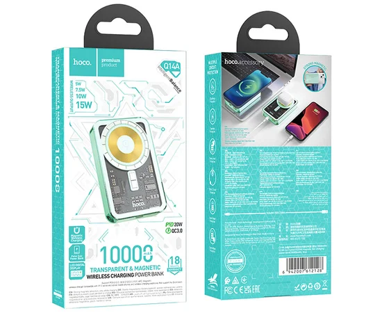 Портативное зарядное устройство Power Bank Hoco Q14A Ice Crystal PD20W с БЗУ 10000 mAh Blue