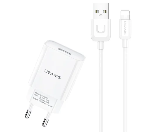 СЗУ USAMS T21 Charder kit - T18 single USB + Uturn Lightning cable Белый