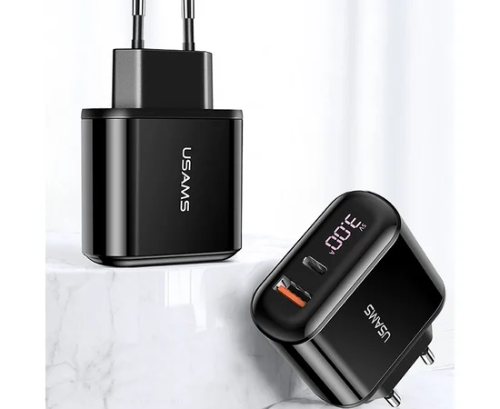 СЗУ USAMS US-CC085 T23 QC3.0+PD3.0 Fast Charger (EU)+U31 Type-C to Lightning PD Fast Charging 1.2m Черный