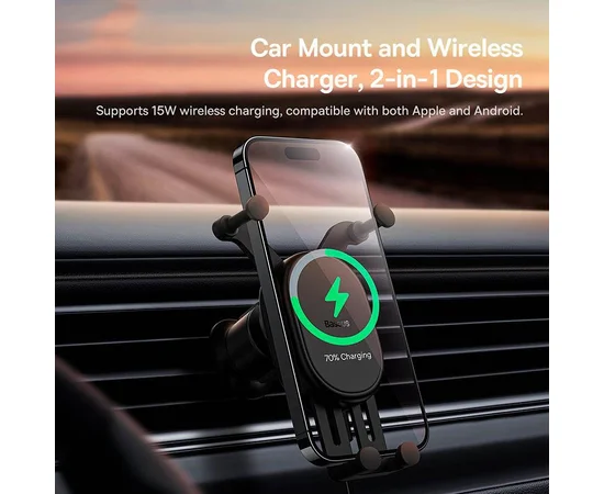 Автодержатель с БЗУ Baseus Stable Gravitational Car Mount Pro 15W (Air Outlet Version) (SUWX03) Black