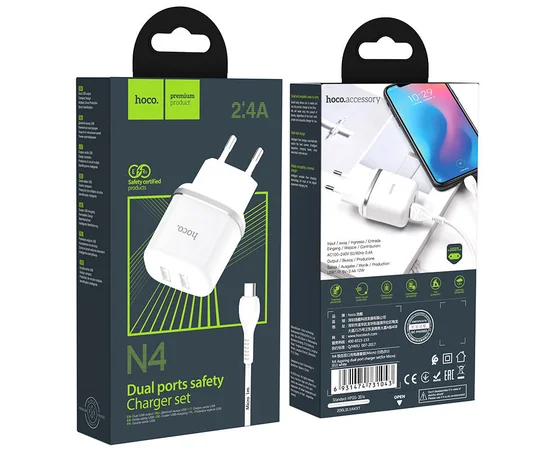 СЗУ Hoco N4 (2USB/2.4A) + MicroUSB Белый