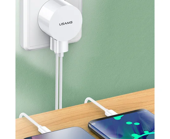 СЗУ USAMS T20 Dual USB Round Travel Charger (EU)+U35 lightning charging Белый