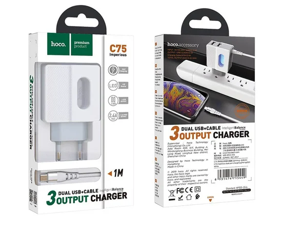 СЗУ Hoco C75 (2USB/2.4A) +microUSB Белый