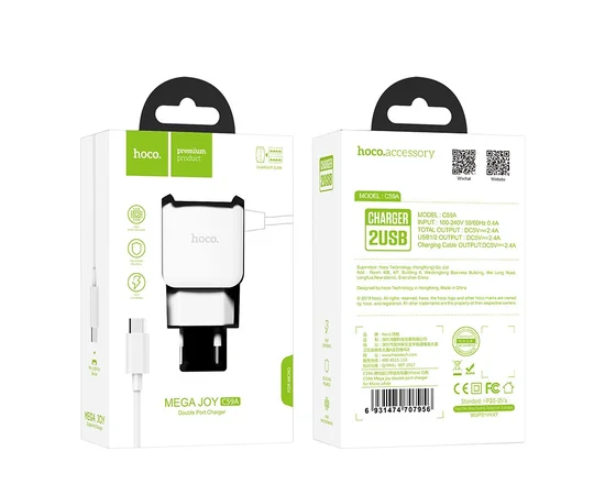СЗУ Hoco C59A (2USB/2.4A) + microUSB Белый