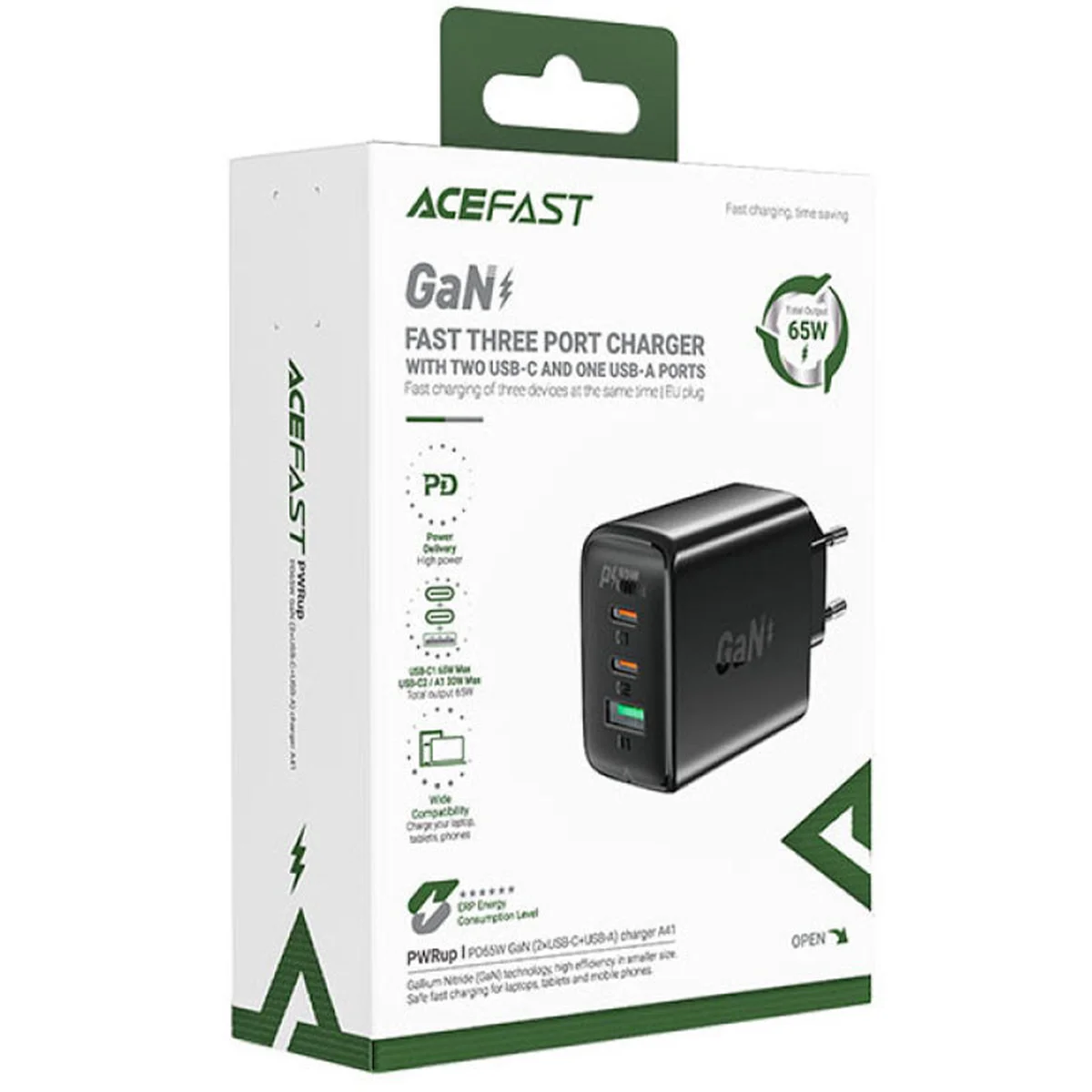 СЗУ Acefast A41 PD65W GaN (2*USB-C+USB-A) Black