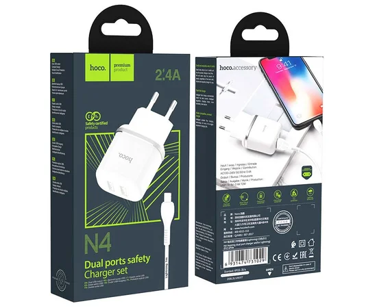 СЗУ Hoco N4 (2USB/2.4A) + Lightning Белый
