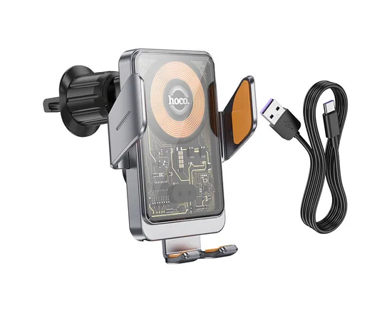 Автодержатель с БЗУ Hoco HW7 Transparent Discovery Edition (air outlet) Metal gray