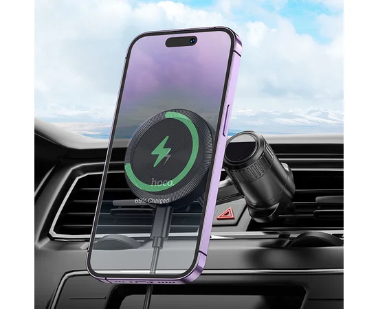 Автодержатель с БЗУ Hoco HW6 Vision metal magnetic (air outlet) Black / Metal gray