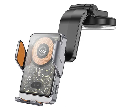 Автодержатель с БЗУ Hoco HW8 Transparent Discovery Edition (center console) Metal gray