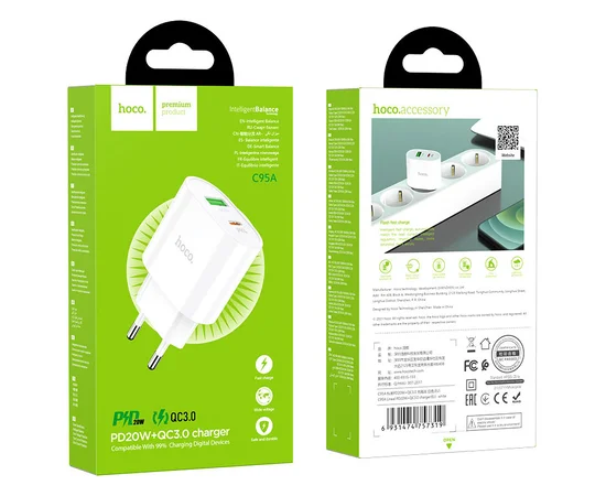 СЗУ HOCO C95A PD 20W+QC3.0 (1USB/Type-C/3A) Белый