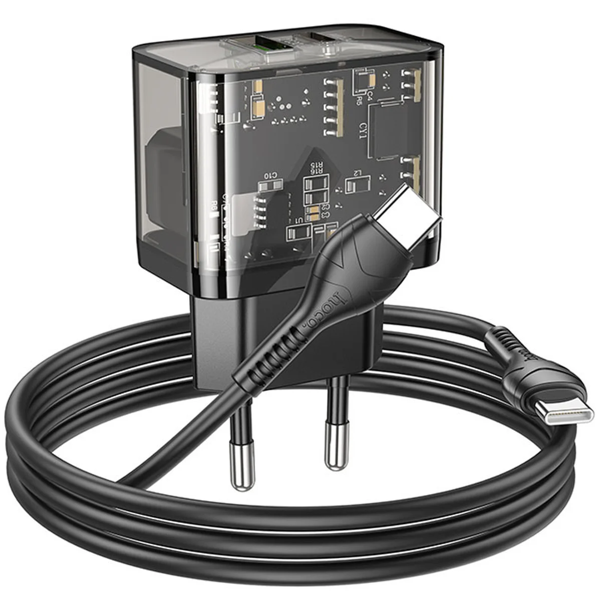 СЗУ Hoco N34 Dazzling PD20W+QC3.0 + Type-C to Type-C Transparent black