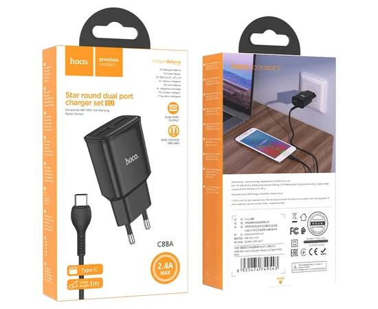 СЗУ HOCO C88A (2USB/2.4A) + Type-C Чорний