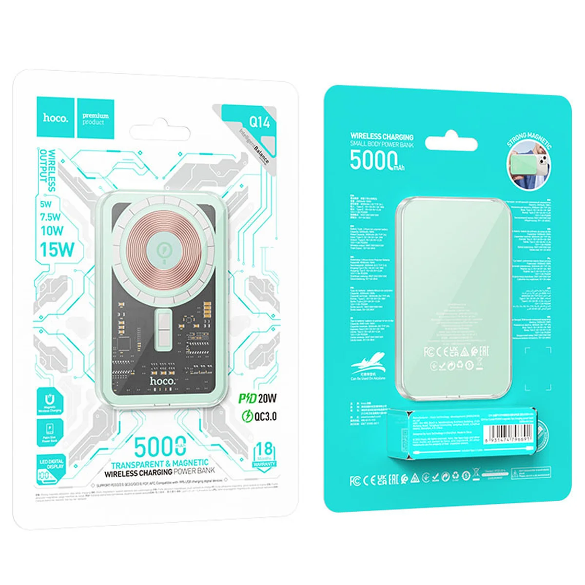 Портативное зарядное устройство Power Bank Hoco Q14 Ice Crystal PD20W с БЗУ 5000 mAh Blue