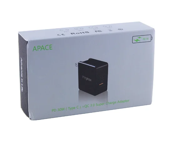 СЗУ PD адаптер T-phox (48W: PD 30W + USB QuickCharge QC 3.0 18W) Черный