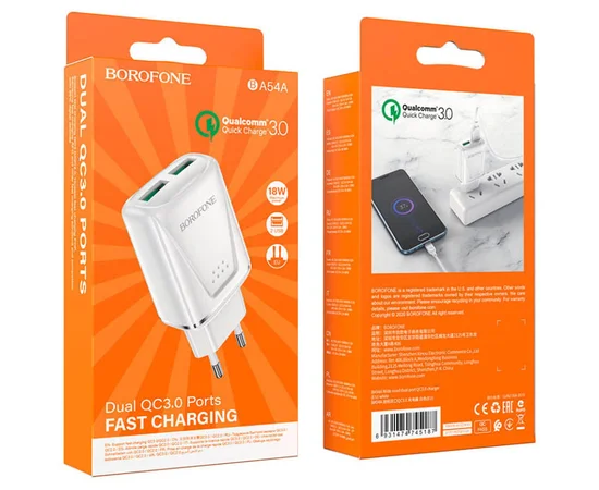СЗУ Borofone BA54A QC3.0 (2USB/3A/18W) Белый