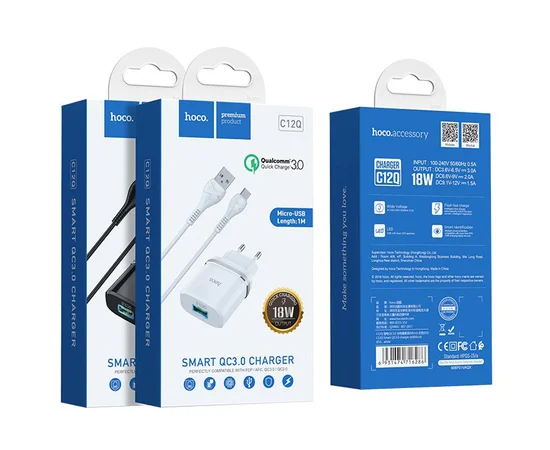 СЗУ Hoco C12Q Smart QC3.0 (1USB/3A) + MicroUSB Белый
