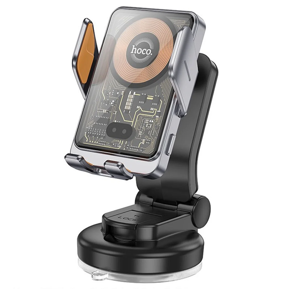 Автодержатель с БЗУ Hoco HW8 Transparent Discovery Edition (center console) Metal gray