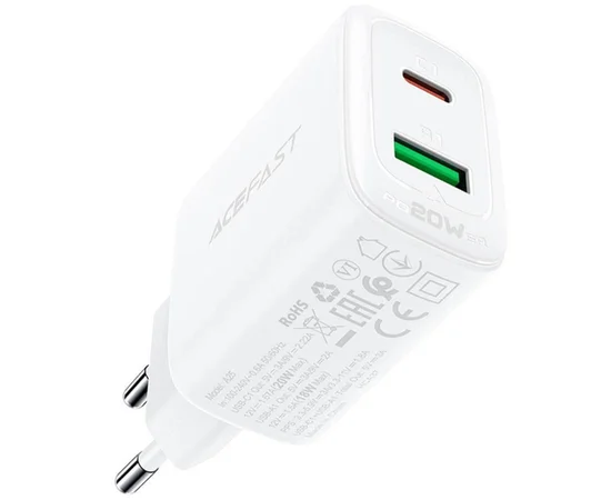 СЗУ Acefast A25 PD20W (USB-C+USB-A) dual port White