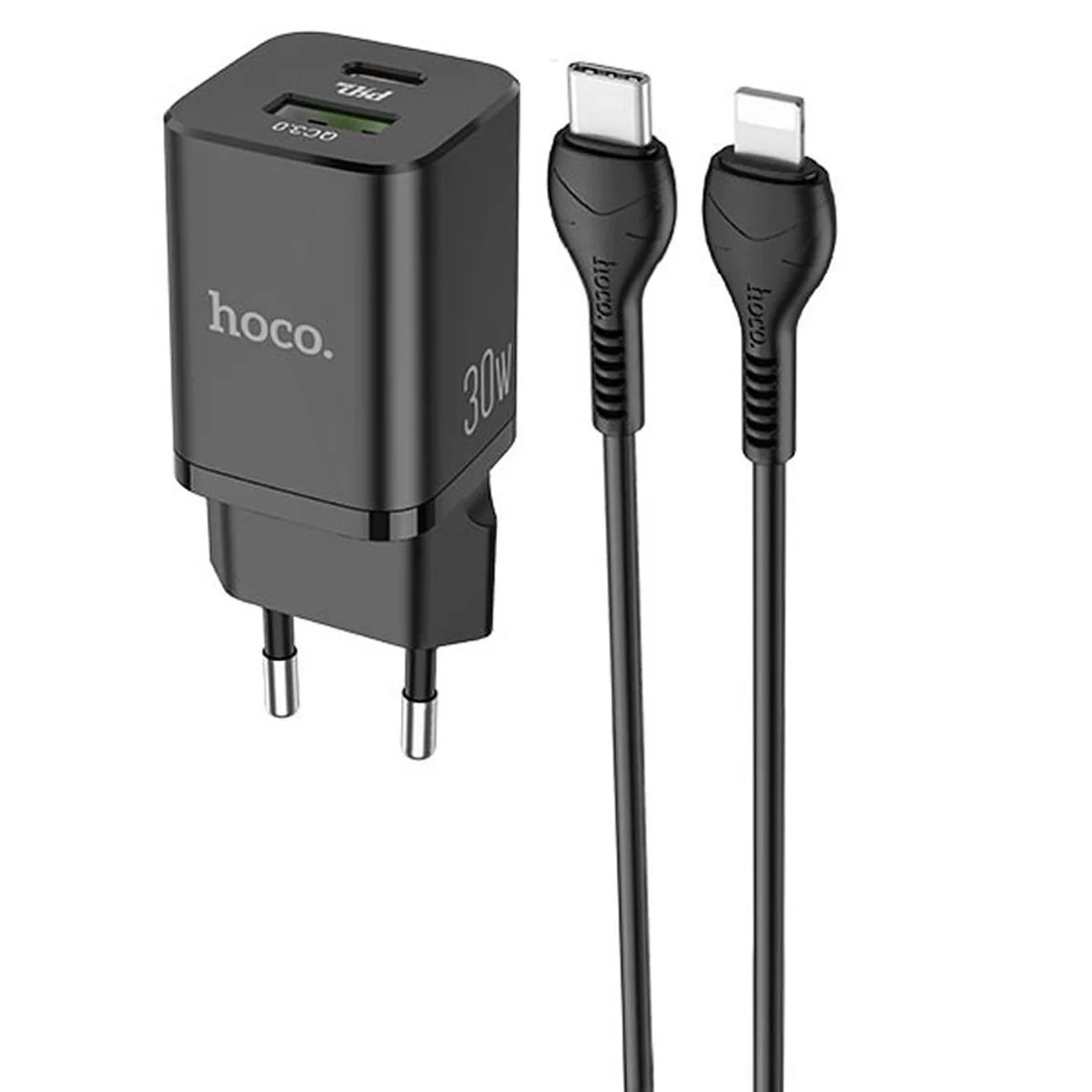СЗУ Hoco N13 Bright PD 30W + QC3.0 (1USB/3A) + Type-C to Lightning Черный