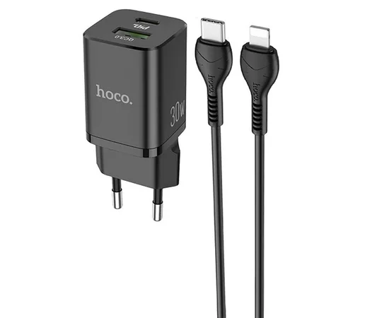СЗУ Hoco N13 Bright PD 30W + QC3.0 (1USB/3A) + Type-C to Lightning Черный