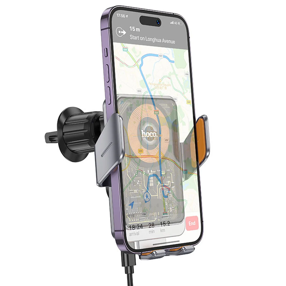 Автоутримувач із БЗУ Hoco HW7 Transparent Discovery Edition (air outlet) Metal gray